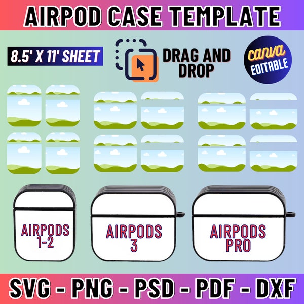 Bundle de modèles pour sublimation de coque Airpod, modèle de coque de téléphone, coque Airpod 1/2, modèle de coque Airpod Pro, coque Airpod 3, png, éditable sur toile