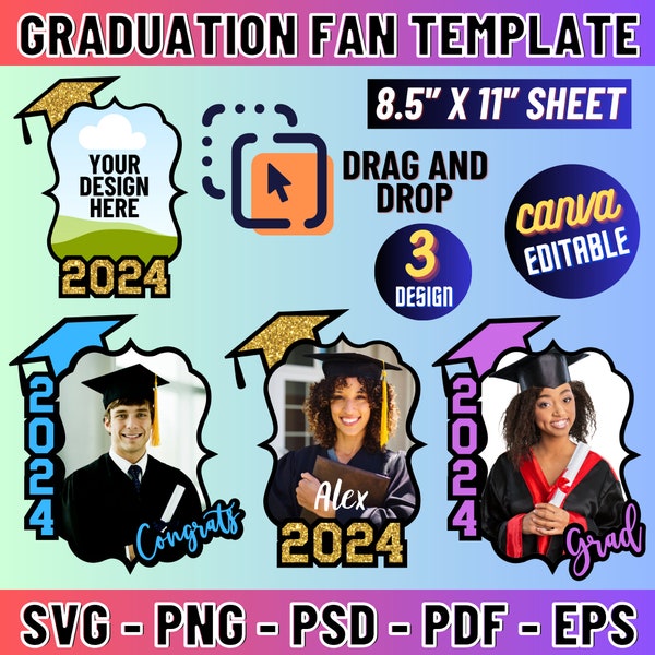 Grad Paddle Fan Template Bundle, Grad Fan, Graduation Fan Template, Graduation Fan, Grad 2024, Graduation Cake Topper Template, Canva Edit