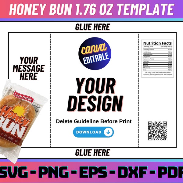 Honey Bun 1.76oz Template, Honey Bun Template, Honey Bun Wrapper Template, Honey Bun Snack Template, Party Favor, Birthday Snack