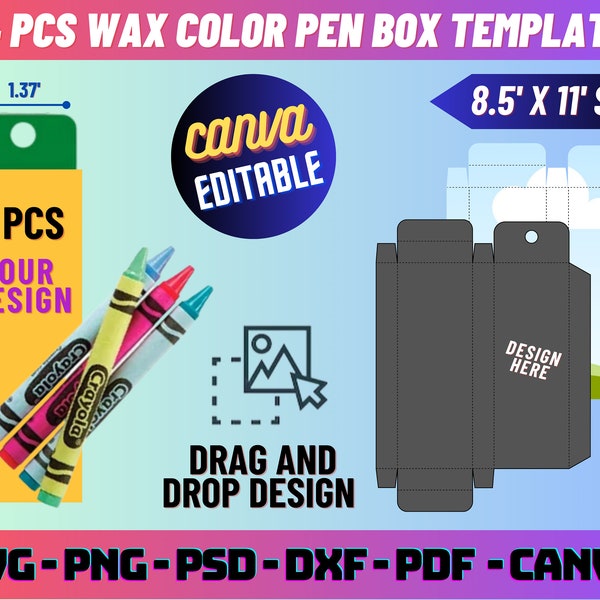 Crayon Box Template, Wax Crayon box template, Party Favor, Box svg, Wax Color pen gift box, gift box template