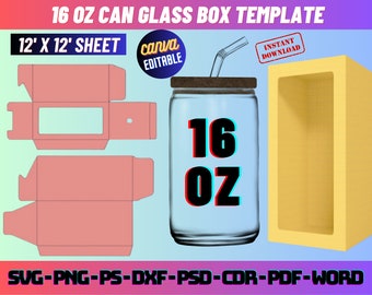 16Oz Glass Can window box template, Box template, Beer Can Class box, 16 Oz Can Glass Box Template, box svg, window box svg, gift box svg