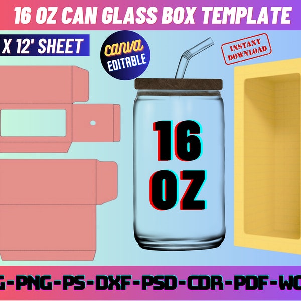 16Oz Glass Can window box template, Box template, Beer Can Class box, 16 Oz Can Glass Box Template, box svg, window box svg, gift box svg