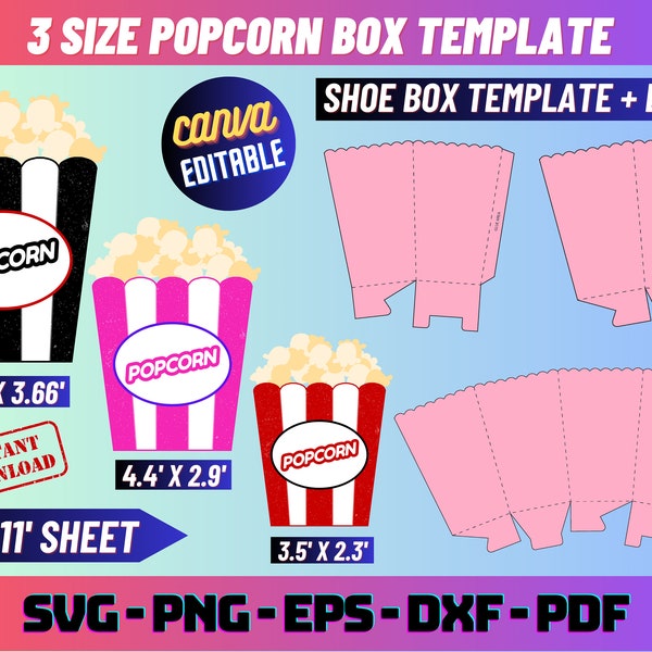 Popcorn Box Template, Popcorn box bundle, Popcorn Box svg, Party Favors, Popcorn Bucket, template svg, template for cricut