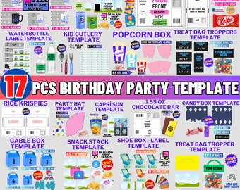 Birthday Party Template Bundle, Popcorn box, party favor, chip bag template, water bottle template, pringles template, chip-bag, RiceKrispie