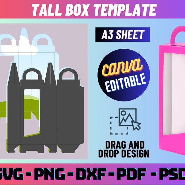 Tall Box Template, Tall Box svg Treat Box Template for Kids Birthday, Doll Box Digital Template for Party Favor, Gift Box svg Tall Gable Box