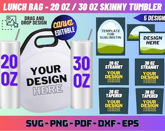 Lunch Bag - 20 Oz Skinny Tumbler Template Bundle, 30 Oz Skinny Tumbler Vorlage, Lunch Tote Sublimationsvorlage, Tumbler Vorlage svg