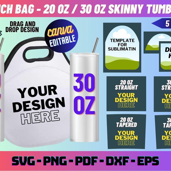 Lunch Bag- 20 Oz Skinny Tumbler Template Bundle, 30 Oz Skinny Tumbler Template, Lunch Tote Sublimation Template, Tumbler Template Svg