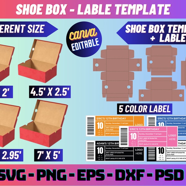 Shoe Box Template Bundle, Sneaker Box Template Bundle Svg, Shoe box label svg, Gift Box Svg, Party Favors box, Shoe box label template