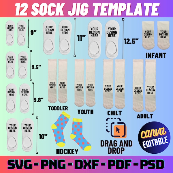 12 Sock Jig Template bundle, Sock Jig Sublimation, Sock Insert Template, Ankle Sock Template svg, No Show Sock Template, Cut File, Canva