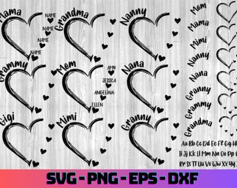 Custom Heart Grandkid Name Svg / Personalized Mama Cricut Design Vector Bundle / Mother Mimi Clipart Silhouette / Png T-Shirt / Cut Plotter