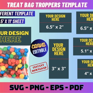 Treat Bag Troppers Template Svg Bundle, Editable Bag Topper, treat bag stickers, Party. favor template, canva Editable template