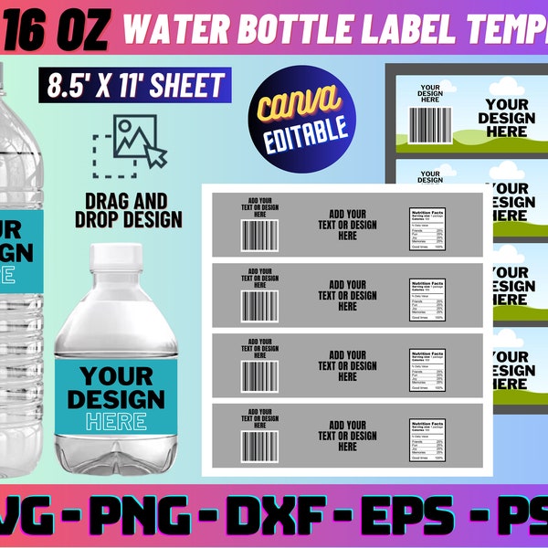Modèle vierge d'étiquette de bouteille d'eau de 8 à 16 oz, modèle d'étiquette de bouteille d'eau, modèle d'étiquette de bricolage, autocollant pour bouteille d'eau, cadeaux d'anniversaire, toile