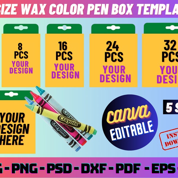 5 Size Crayon Box Template, Wax Crayon box template, Party Favor, Box svg, Wax Color pen gift box, gift box template