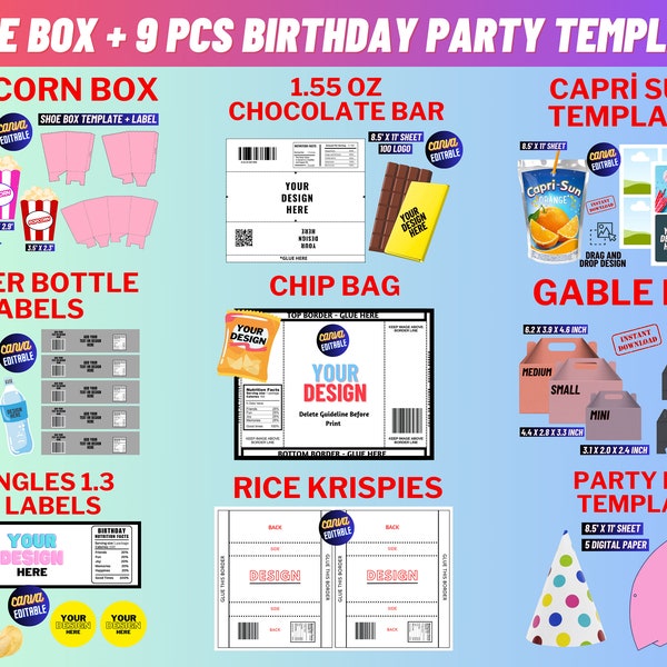 Birthday Party Template Bundle, Popcorn box, party favor, chip bag template, water bottle template, pringles template, chip-bag, RiceKrispie