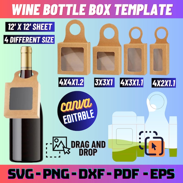 Plantilla de caja de botella de vino, Etiqueta de botella de vino SVG, Plantilla de etiqueta de botella de vino, Caja de botella de vino con frente transparente, Caja de vino SVG Etiqueta de regalo de vino