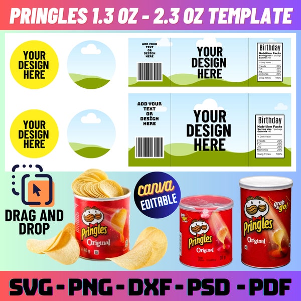 Pringles 1.3 oz Labels Template, Pringles 2.3 oz Labels Template, Chip can Label template, Pringles Template, Canva Editable template