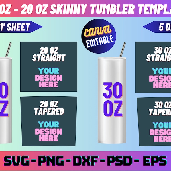 Tumbler Template Svg, 20 Oz Skinny Tumbler, 30 Oz Skinny Tumbler, Skinny Tumbler Full Wrap, Tumbler Sublimation template, tapered straight