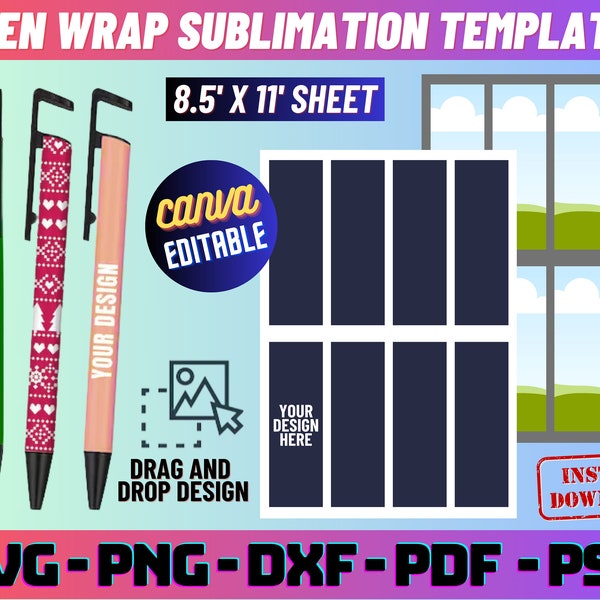 Pen wrap template, pen sublimation template, pen wrapper template, sublimation pen template, pen svg, pen canva template, pen wrap size