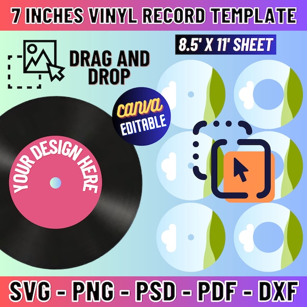7 Inches Vinyl Record Template, Vinyl Record Label Template, Record Label Sticker Template, Custom Vinyl Record Template, Canva Editable