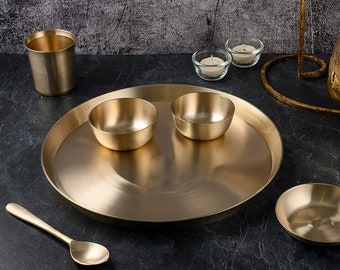 Pure Bronze Dinner Set | 6 Pcs Matte Finished Bronze Dinner Set - 1 Thali 12 inch, 2 Bowl , 1 Sweet Dish, 1 Glass(Tumbler), 1 Spoon.
