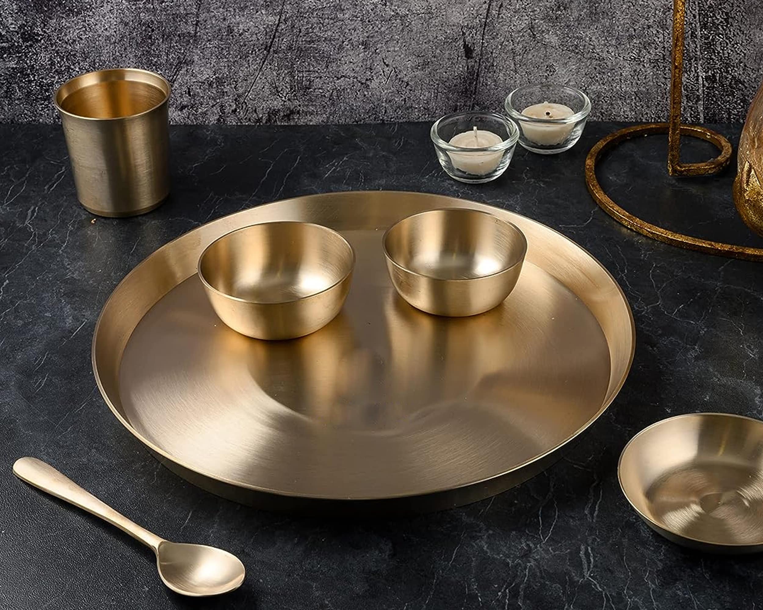 Hammered Brass Thali Set of 7 Pcs Including 3 Bowls 1