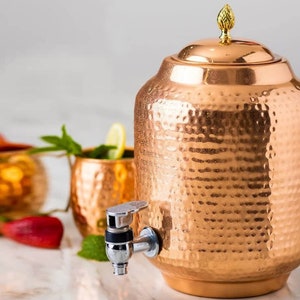 Hammered Copper Water Dispenser with Tap & Lid for Storage Water, Pure Copper water tank for home and Kitchen, Ayurvedic Health Benefits
