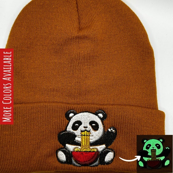 Ramen Panda Embroidered Glow in the Dark Beanie, Colors Customizable, Kawaii Beanie, Anime Beanie