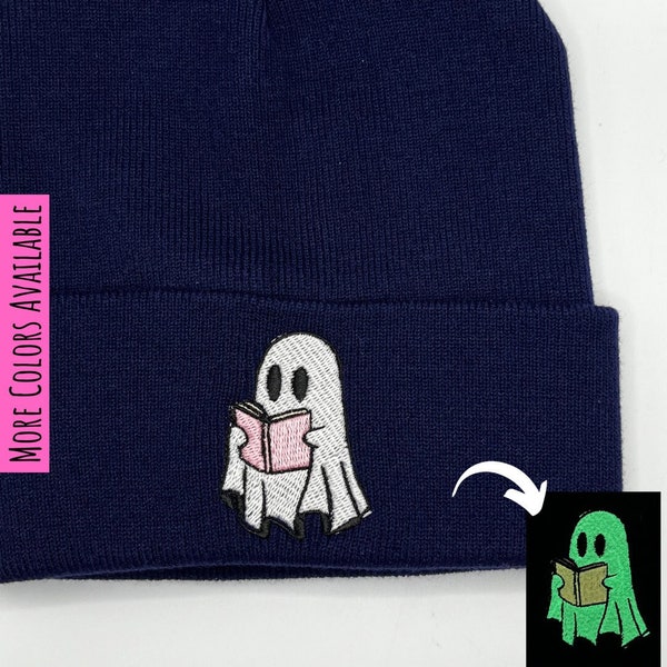 Reading Ghost Embroidered Glow in the Dark Beanie, Colors Customizable, Cute Ghost Apparel