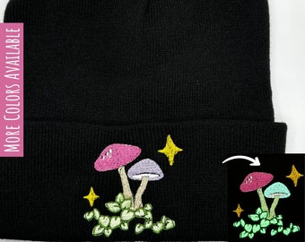 Trippy Mushroom Embroidered Glow in the Dark Beanie, Colors Customizable, Cottagecore Style Beanie