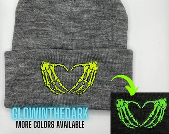 Skeleton Love Embroidered Glow in the Dark Beanie, Colors Customizable, Skeleton Beanie