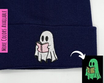 Reading Ghost Embroidered Glow in the Dark Beanie, Colors Customizable, Cute Ghost Apparel