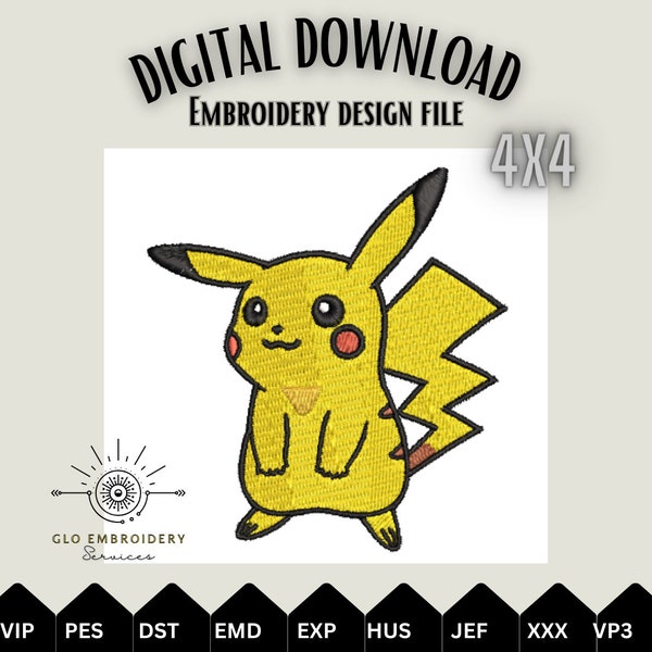 Pikachu Embroidery Design, Anime Embroidery File, Multiple Formats Included, Machine Embroidery Digital Download