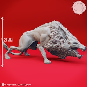 May include: A detailed, off-white sculpture of a snarling wolf-like creature, approximately 1 inch tall, with a textured mane and sharp teeth. The figure is posed in a predatory stance against a red background. The text "- YASASHIIKYOJINSTUDIO -" is at the bottom.