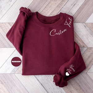 Custom Text Sweatshirt With Names On Neck, Personalized Names Hoodie On Sleeve, Minimalist Custom Outfit, Customizable Crewneck Gifts Idea
