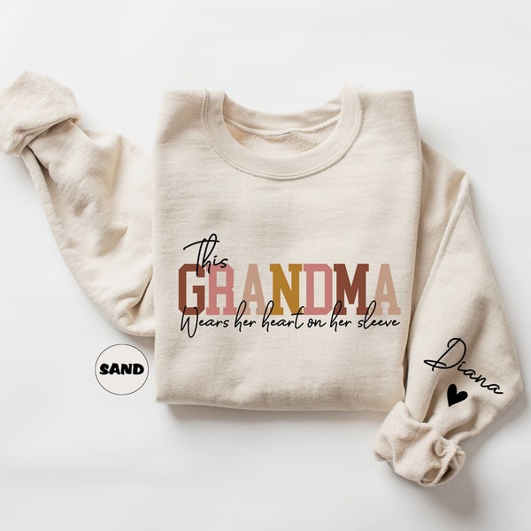 Custom This Grandma Wears Her Heart On Her Sleeve Sweatshirt, Personalized Mimi Hoodie With Grandchilds Names, Nana Outfit, Mothers Day Gift