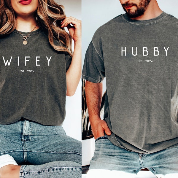 Custom Comfort Colors® Hubby Wifey Shirt, Personalized Engagement Gift For Bride, Trendy Groom Wife Shirt, Honeymoon Shirt, Bridal Party Tee