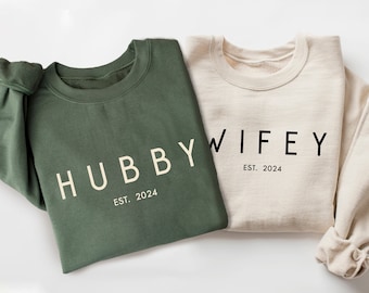 Personalized Wifey & Hubby Sweatshirt, Newlywed Honeymoon Outfit, Custom Couple Hoodie, Engagement Clothings, Wedding Party Gift, Bride Gift