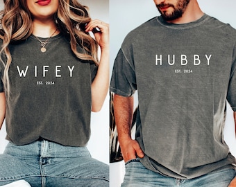 Custom Comfort Colors® Hubby Wifey Shirt, Personalized Engagement Gift For Bride, Trendy Groom Wife Shirt, Honeymoon Shirt, Bridal Party Tee