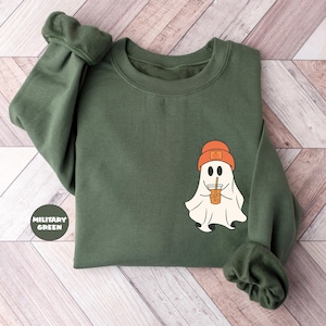 Ghost Drinking Coffee Sweatshirt, Cute Ghost Ice Pumpkin Latte Coffee Hoodie, Spooky Season Fall Outfit, Halloween Party Women Clothing Gift