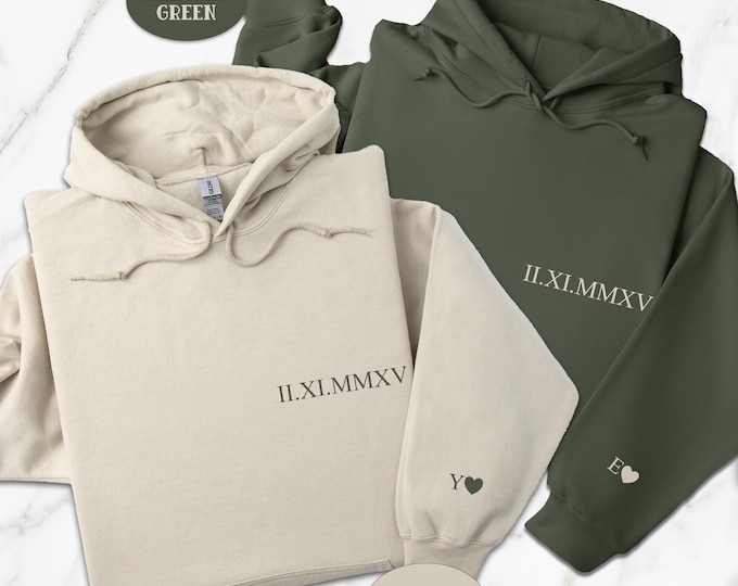 Custom Roman Numeral Date Sweatshirt, Matching Couples Valentines Day Gift, Personalized Anniversary Date Hoodie With Initials On Sleeve