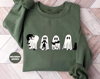 Moletom com capuz de gato preto com fantasma, moletom com capuz de gato fantasma para Halloween, presente de Halloween para donos de gatos, camiseta de gato para Halloween, roupa de gato preto, camiseta de outono