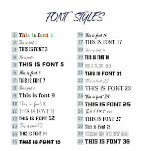May include: A white background with a black title "FONT STYLES" and a numbered list of 30 different font styles. Each font style is displayed with the text "This is font #" or "THIS IS FONT #" where # is the number of the font style.