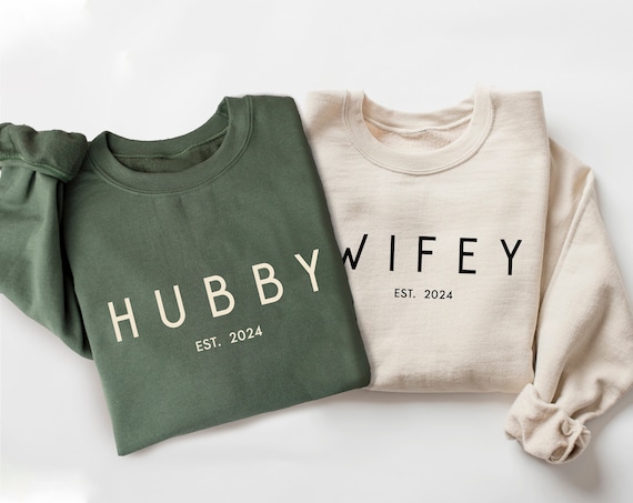 Personalized Wifey & Hubby Sweatshirt, Newlywed Honeymoon Outfit, Custom Couple Hoodie, Engagement Clothings, Wedding Party Gift, Bride Gift