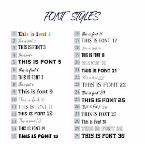 Puede incluir: Un fondo blanco muestra una variedad de estilos de fuente, cada uno numerado y etiquetado. El t&iacute;tulo "FONT STYLES" est&aacute; escrito en una fuente cursiva de color azul oscuro. Cada fuente se demuestra con la frase "This is font [n&uacute;mero]" o similar.