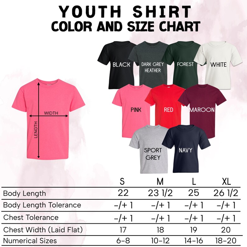 Puede incluir: Una tabla de colores y tallas de camisetas para j&oacute;venes. La tabla muestra varios colores de camisetas, incluyendo negro, rosa, rojo y azul marino. Se proporcionan medidas de largo de cuerpo y ancho de pecho en cm, con tallas de 6-8 a 18-20.