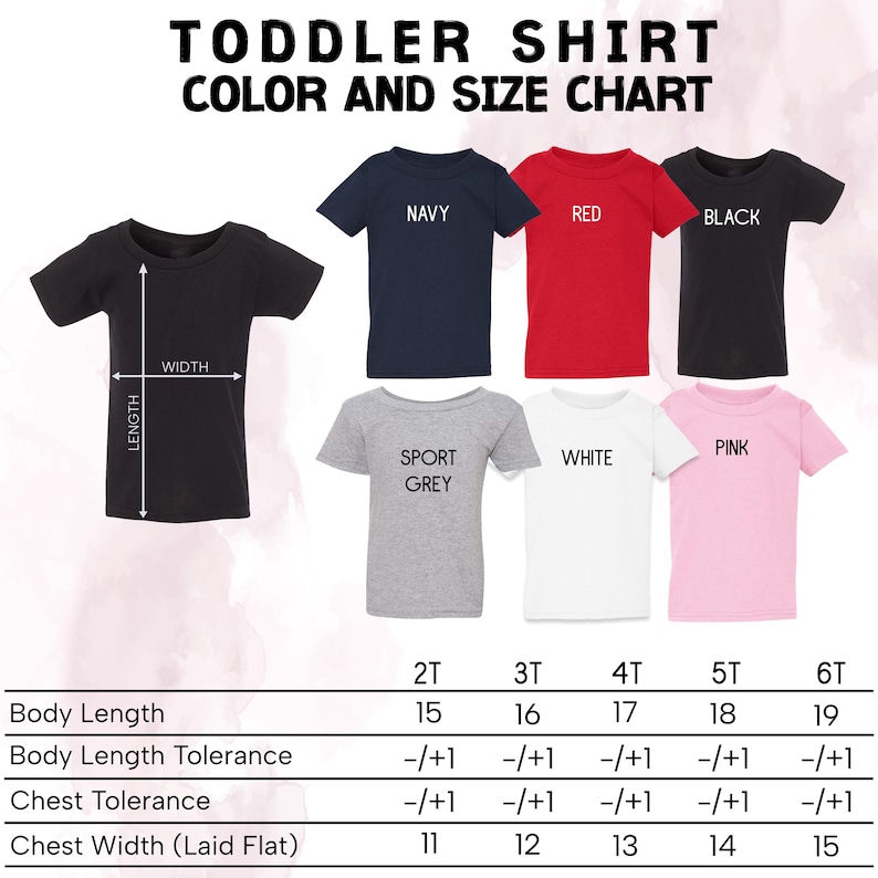 Puede incluir: Imagen que muestra una tabla de colores y tallas de camisetas para ni&ntilde;os peque&ntilde;os. La tabla muestra camisetas en colores: azul marino, rojo, negro, gris deportivo, blanco y rosa. Se proporcionan medidas de largo de cuerpo y ancho de pecho en cm, de 38 a 48 cm.