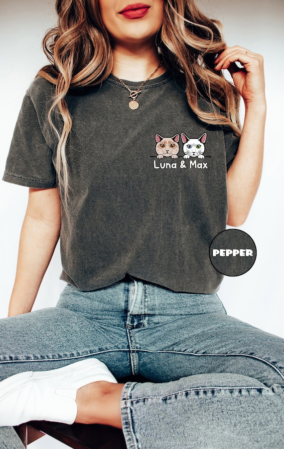 Custom Comfort Colors® Cat Pocket Shirt, Personalized Cat T-shirt, Cute Cat Lovers Outfit, Cat Mom Tee, Cat Dad Clothing, Mothers Day Gifts
