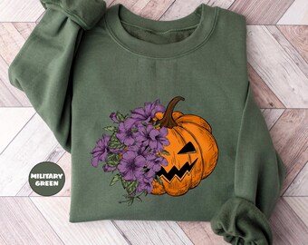 Bluza z motywem dyni w kwiaty, jesienna bluza z kapturem dla kobiet, strój vintage na sezon dyni, upiorny sezon, koszulka z rzeźbieniem dyni