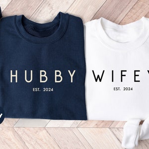Personalized Wifey & Hubby Sweatshirt, Newlywed Honeymoon Outfit, Custom Couple Hoodie, Engagement Clothings, Wedding Party Gift, Bride Gift image 2