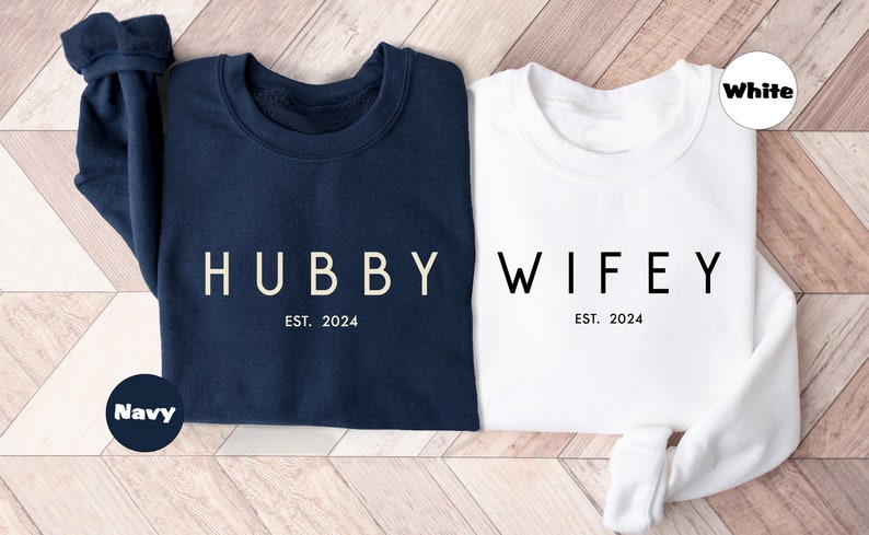 Personalized Wifey & Hubby Sweatshirt, Newlywed Honeymoon Outfit, Custom Couple Hoodie, Engagement Clothings, Wedding Party Gift, Bride Gift image 2